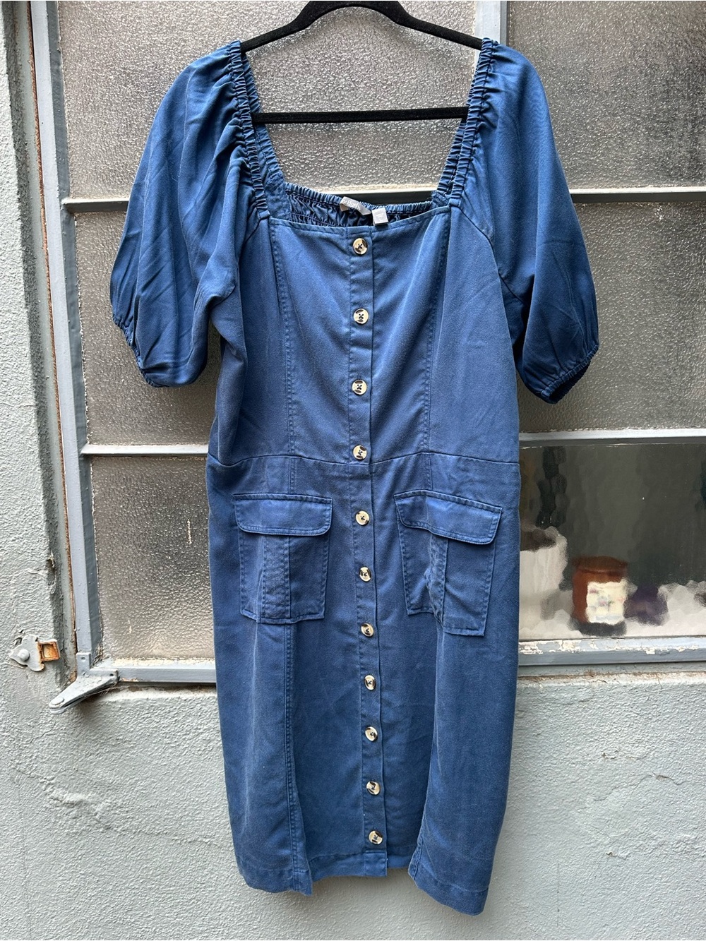 AnyBody Women Sueded Twill Puff Sleeve Cargo Dress Blue Cute Chic Hipster Large